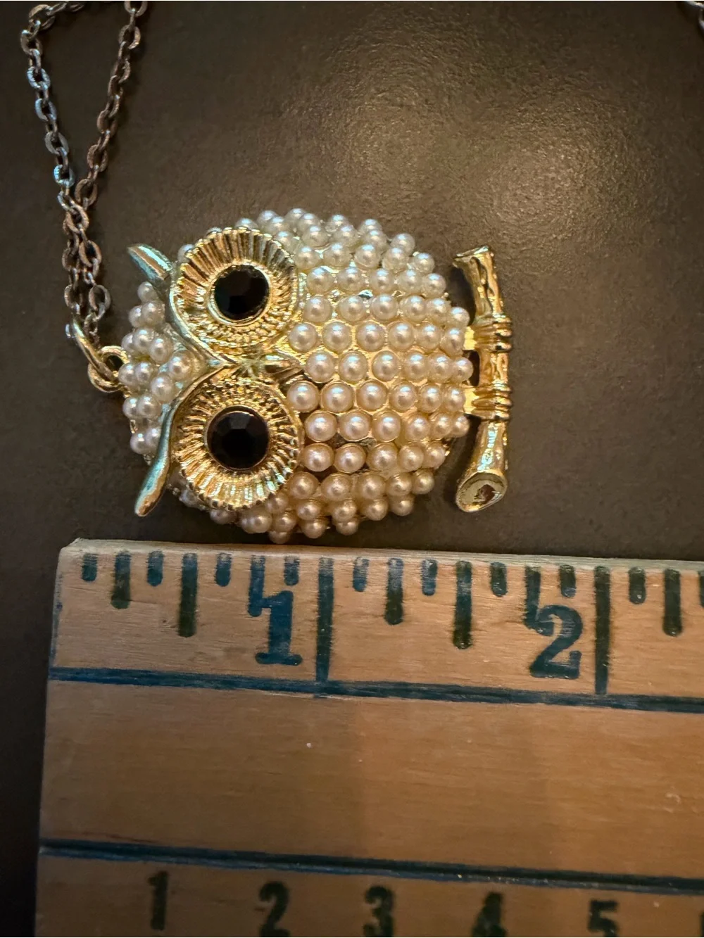 Vintage 1970's Gold Tone Owl Pendant Necklace Cream Whimsical Boho
